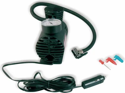 A black car tire inflator with a pressure gauge and accessories on a white background.