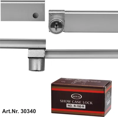 A product image showing a showcase lock and its packaging, along with an article number.