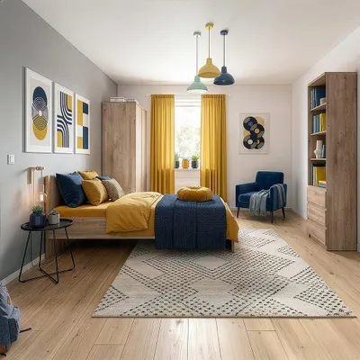 Produktbild von Jugendzimmer-Set mit Bett 90x200 cm & Kleiderschrank in Eiche, modern, 3-teilig - FORTALEZA-129