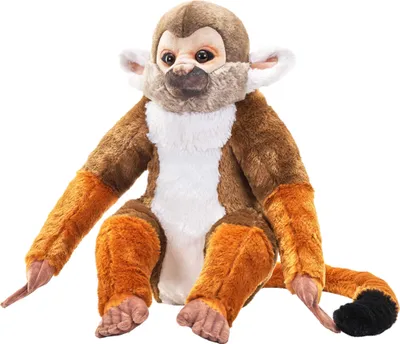 A plush toy squirrel monkey sitting against a white background.