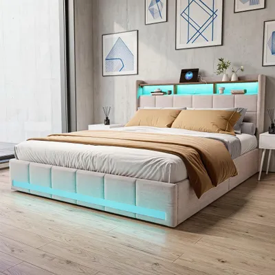 Produktbild von INONEFT Polsterbett 160x200cm mit USB und Typ-C Anschlüssen, Jugendbett Doppelbett mit 4 Schubladen, Stauraumbett mit Lattenrost und LED,Leinen,Beige