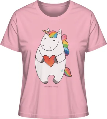 Produktbild von Mr. & Mrs. Panda Oberteil Damen Einhorn Herz Größe XL - Baumwolle Pink - Geschenk, Bunt, Lustig, shirt, Basic T-Shirt, Kurzarmshirt, Einhörner, Freundin, Unicorn