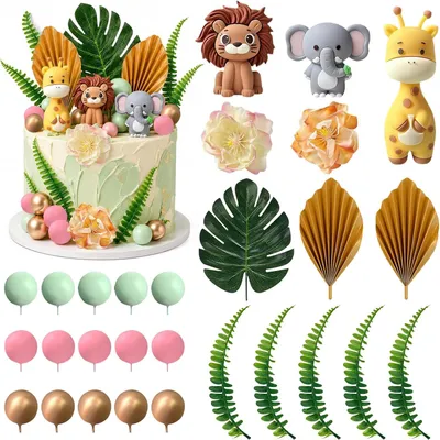 Productafbeelding van Taartdecoratie - Bosdieren - Jungledieren - Safari taarttopper - Giraf - Olifant - Leeuw - Taarttoppers - Verjaardag