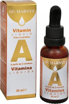 A product shot of a bottle of MARNYS Vitamin A liquid and its packaging.