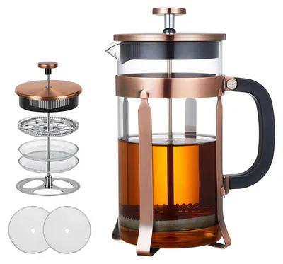 French Press 1 L, Edelstahl 304, 4 Filter, Borosilikatglas, Kupferfinish