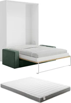 Produktbild von Schrankbett 140 x 200 cm - Manuelle vertikale Öffnung - Farbe: Natur und Weiß + Matratze + Grünes Sofa - BEGANIO