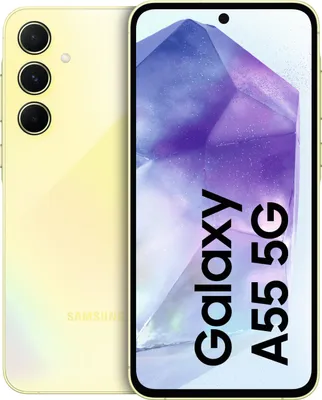 A yellow Samsung Galaxy A55 5G smartphone is shown from the front and back.