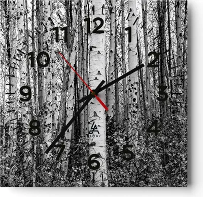Produktbild von Wanduhr - Quadrat - Glasuhr - Birken Wald Monochrom - 30x30cm - Schleichendes Uhrwerk - Lautlos - zum Aufhängen bereit - Dekoration Modern - Wanddekoration aus Glas - C4AC30x30-4643