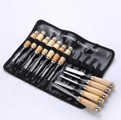 Image de pack de 12 manuels de sculpture sur bois Ciseau à main Set d'outils de menuisier Travail du bois Ciseau à sculpter DIY Outils à main