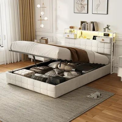Obrázok produktu pre Postel s čalúneným rámom, 140x200 cm, s hydraulickým úložným priestorom, čalúnená opierka s poličkou a 2 zásuvkami, LED osvetlenie, USB-C a USB porty, rošt, farba béžová, bez matraca