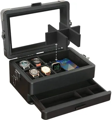 Produktbild von HerrenUhrenbox schwarz 10 Fächer Glasdeckel Modulartablett