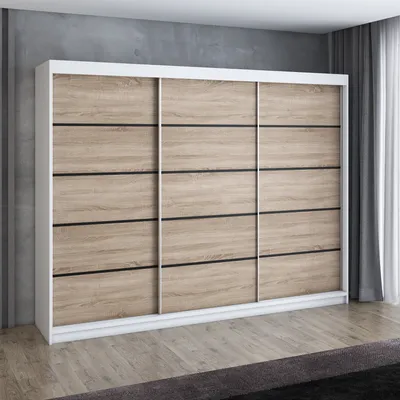 Produktbild von Schwebetürenschrank, 3-türig Schrank 200 cm mit 4 Schubladen, Retrostil  Premium! Moderne Garderobe für Kleidung. Verschiedene Farben (Weiß, Schwarz, Somona) Kleiderschrank MES