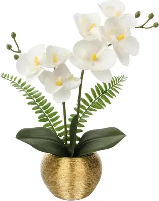 Obrázek produktu pro Umělá orchidej v květináči zlaté barvy 33 cm - dekorativní květiny do obývacího pokoje, koupelny, kanceláře