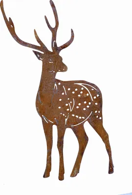A metal garden stake in the shape of a deer with antlers, made of rusted metal.