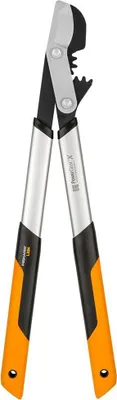 A pair of Fiskars bypass loppers with orange handles against a white background.