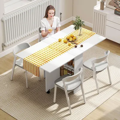 Produktbild von Sweiko Esstisch, Klapptisch mit Rollen, Schreibtisch, Beistelltisch, Tisch mit Ablagefläche für Esszimmer, Holz, Weiß, 80 x 140 x 74 cm