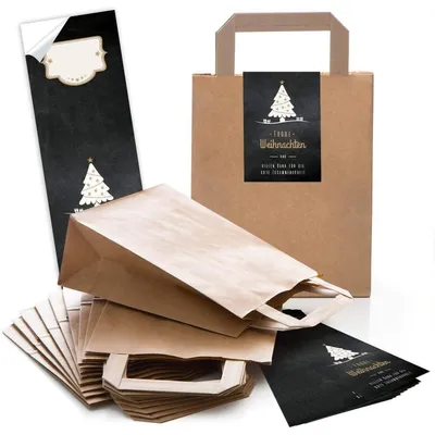Produktbild von Logbuch-Verlag 5 kleine rot grün braune FROHE WEIHNACHTEN Geschenktüten Weihnachtstüten aus Papier mit Aufkleber zum Geschenke verpackenWeihnachtsbaum schwarz weiß / 10 Stück