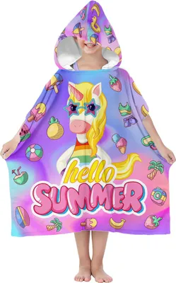 Produktbild von Poncho mit Kapuze, Kinder Badeponcho 70 cm, Microfaser, Einhorn Sommer, saugfähig, schnell trocknend [163]