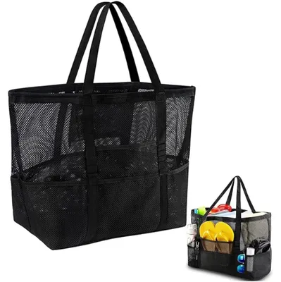 Produktbild von Große Netz Strandtasche, Faltbare Handtasche mit Tasche und Reißverschluss für Strand, Urlaub, Reisen und Fitnessstudio (Schwarz)