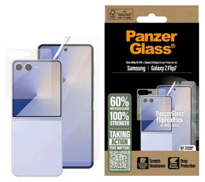 Obrázek produktu pro PanzerGlass ® Screen Protector Samsung Galaxy Z Flip7 | Glass & Film, Samsung, Samsung - Galaxy Z Flip7, Aplikace nasucho, Odolné proti poškrábání, Odolný proti nárazům, Průhledná, 1 kusů