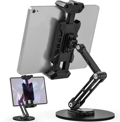 Immagine prodotto di Ibenzoa® Supporto regolabile e pieghevole per tablet – Base girevole a 360°, regolabile in altezza fino a 27,5 cm, realizzato in lega di metallo, con piedini antiscivolo, adatto per tablet e smartphone