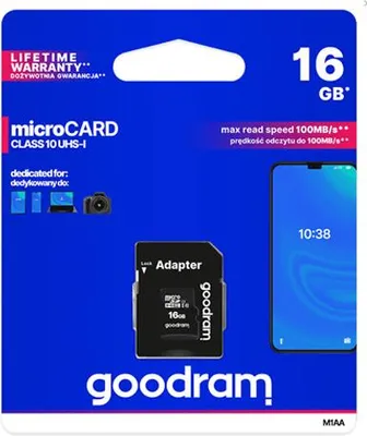 Produktbild von Goodram M1AA, 16 GB, MicroSDHC, Klasse 10, UHS-I, 100 MB/s, 10 MB/s