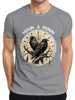 Produktbild von Wikinger Raben Odin Huginn Muninn Vegvisir Nordische Mythologie Herren T-Shirt, Grau, XXL