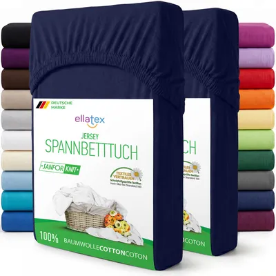 Produktbild von EllaTex 2er Pack Jersey Spannbettlaken 120x200–130x200 Baumwolle – Spannbetttücher Set weich & elastisch, Farbe: Dunkelblau