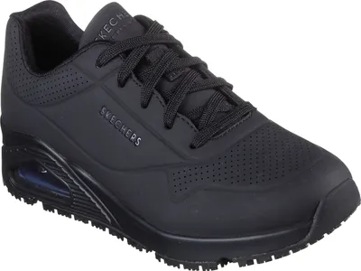 A black Skechers sneaker is shown from a side angle against a white background.