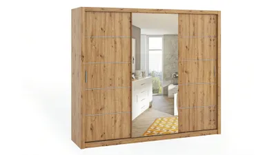 Produktbild von FurMeb24 Schiebetrenschrank BONO 250 cm Kleiderschrank mit Spiegel, 3-triger Schiebeschrank (Eiche Artisan / Eiche Artisan)