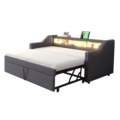 Obrázek produktu pro Čalouněná rozkládací pohovka 90/180 x 190 cm, multifunkční úložný prostor, LED osvětlení a USB zásuvka, s roštem, tmavě šedá