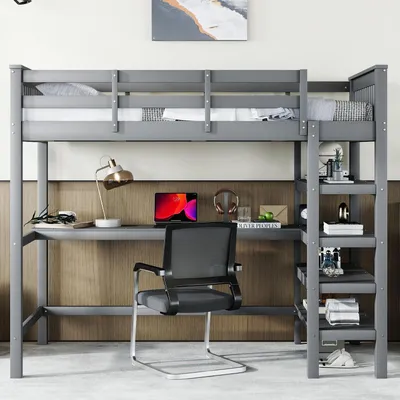 Image de Lit superposé avec bureau et étagère de rangement, dimensions 90x200 cm, couleur gris, en bois de pin, avec sommier à lattes et barrière de sécurité