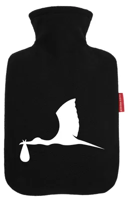 Produktbild von Huuraa Wärmflasche Klapperstorch mit Baby Silhouette 1,8 Liter Black Classic Veloursbezug Bettflasche Geschenkidee