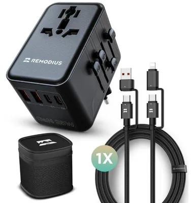 Produktbild von Remodius Weltstecker + UniCharge – Universal Reiseadapter 220+ Länder mit 4-in-1 Ladekabel, USB-C PD