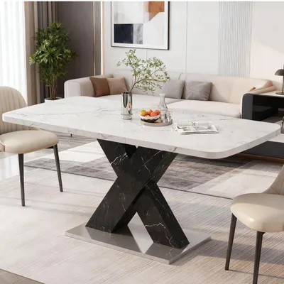 Zdjęcie produktu dla Nowoczesny rozkładany stół jadalny 120–160 cm, wzór imitujący biały marmur, blat z płyty MDF, czarna metalowa podstawa w kształcie litery X