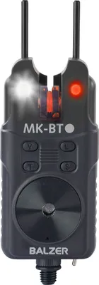 A black fishing bite alarm with a white LED light and a red indicator light.