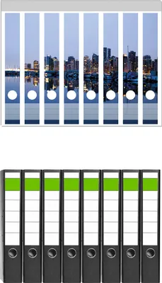 Produktbild von Wallario 8 Stück schmale Ordner inkl. Klebeetiketten mit Motive Skyline von Vancouver -  Set mit Rückenschildern / Ordnerrücken Stickern