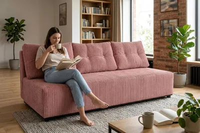 Produktbild von Schlafsofa KIMO Idylla – Schlaffunktion & Bettkasten, Cord in Rosa, Family Meble, KI-generiertes Bild