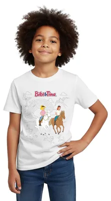 Produktbild von Spreadshirt Bibi & Tina Ausmalmotiv Mit Pferden Kinder T-Shirt, 110/116 (5-6 Jahre), Weiß