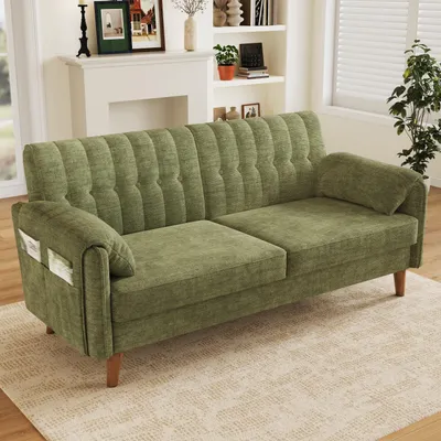Immagine prodotto di Divano MODFU a 2 posti, divano imbottito con rivestimento in chenille, divano relax con schienale trapuntato e tasche laterali, divano lounge con gambe in legno massello, colore verde, dimensioni 161,5 x 79 x 83,5 cm
