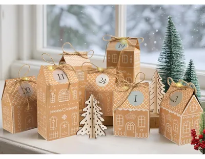 Adventskalender mit 24 DIY-Kraftpapierhäuschen, LED-Lichtern