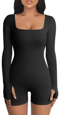 Produktbild von KOEMCY Jumpsuit Damen Langarm Gerippter Kurz Eng Yoga Bodysuit Overall mit Eckig
