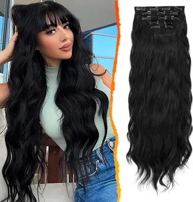 Produktbild von Haarteil Clip in Extensions Lang Wellig 5PCS Schwarz 50cm