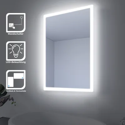 Produktbild von SONNI Badspiegel mit Randmatter Lichtstreifen 60 x 40 cm LED energiesparend Beleuchtung Kupferfrei und bleifrei Spiegel IP44 Wandspiegel