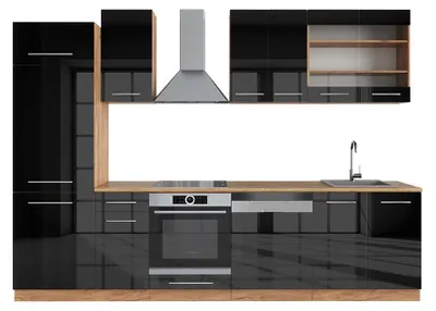 Produktbild von Küchenzeile Vicco Fame-Line Anthrazit Hochglanz/Goldkraft Eiche 300 cm ohne Arbeitsplatte, Model 38658