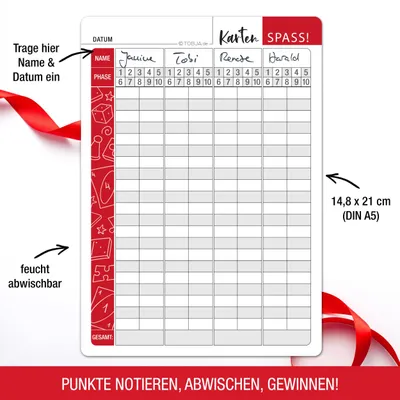 Produktbild von Abwischbare Ersatzblätter im Set mit Markenstift A5 - Extra Große Zahlen und Buchstaben | Senioren geeignet | Übersichtliches Design der Phasen | Wertungsblatt für Kartenspiel