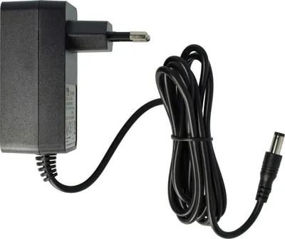 A black power adapter with a cord and a connector.