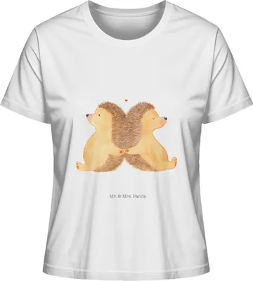 Produktbild von Mr. & Mrs. Panda Basic Shirt Damen Igel händchenhaltend Größe XL - Weiß - Geschenk, Oberteil, Jersey, Baumwoll T-Shirt, Verknallt, Hand in Hand, Verlobung, Love, Freundin