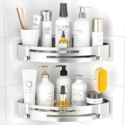 Produktbild von PromoHome® Selbstklebendes Duschregal Eck-Duschregal aus Edelstahl 2 Stück Duschkorb mit 4 Haken Badezimmerregal Duschaufbewahrung Shampoo