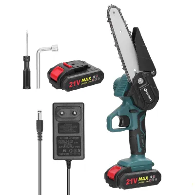 Produktbild von Mini Kettensäge, 6 Zoll 21V Elektro-Kettensäge, Geevorks Tragbare Handgeführte Akku Kettensäge mit 2 x 1200mAh Batterie und 1 x Ladegerät  für Gartenarbeit Baumbeschneidung Holzschneiden